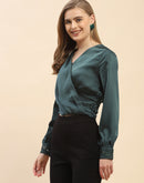 Camla Barcelona Embellished Cuffs Green Satin Top