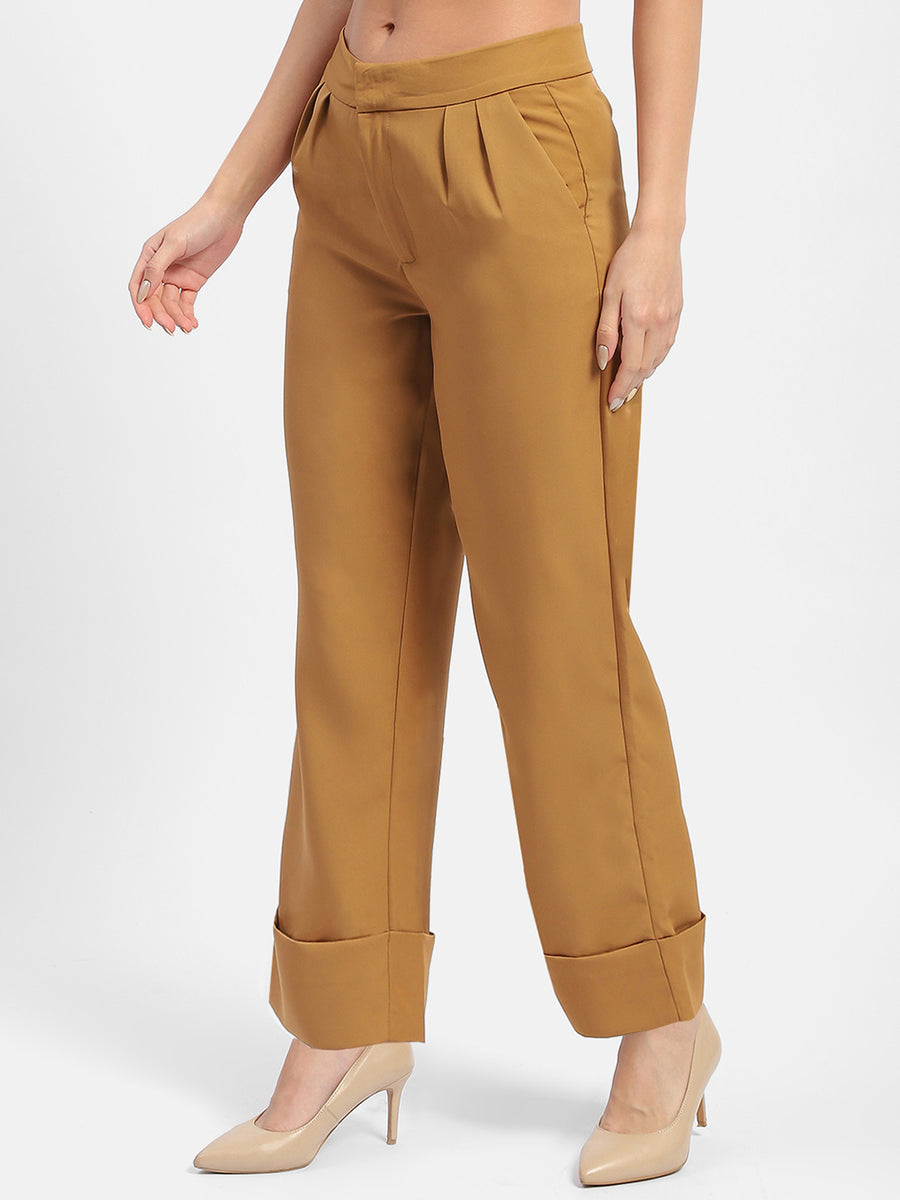 Madame Front Pleated Brown Rolled Hem Trousers