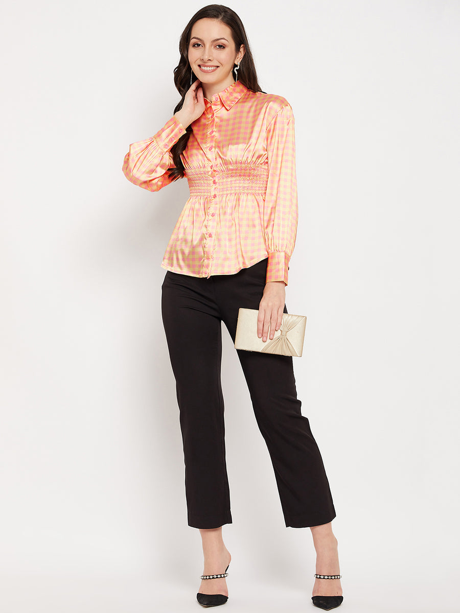 Camla Barcelona Yellow Check Printed Smocked Satin Shirt