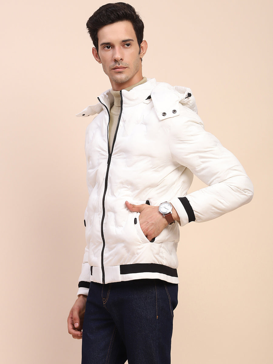 Camla Barcelona Puffed Textured White Zipped Jacket