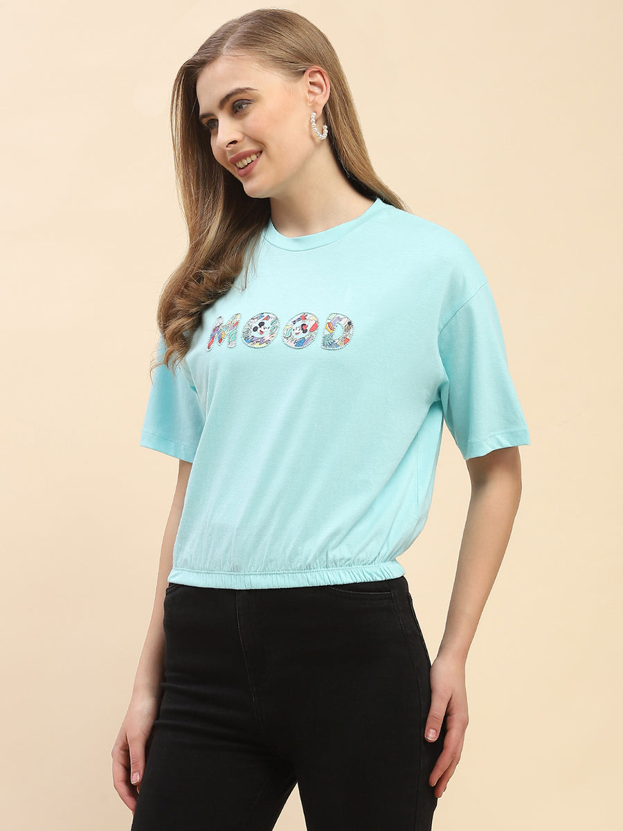 Camla Barcelona Embellished Typography Sky Blue Elasticated Waist T-Shrit