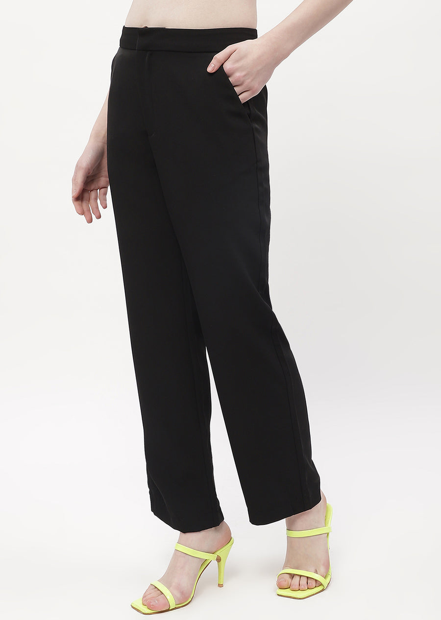Madame Solid Black Straight Fit Trouser