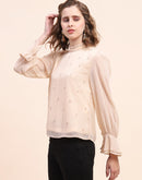 Camla Barcelona Flounce Sleeve Beige Mock Neck Top