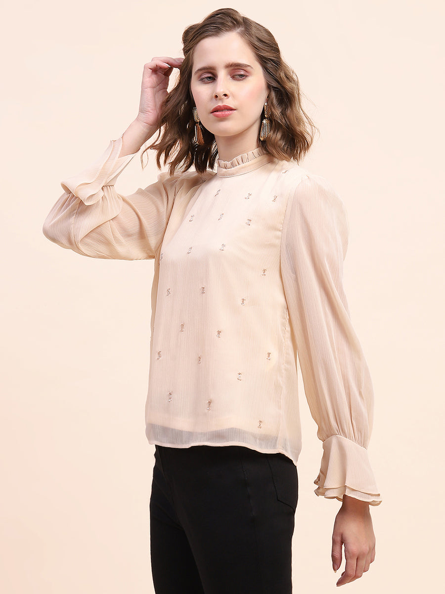 Camla Barcelona Flounce Sleeve Beige Mock Neck Top