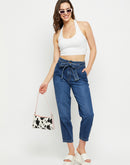 Madame High Rise Belted Waist Navy Blue Mom Jeans