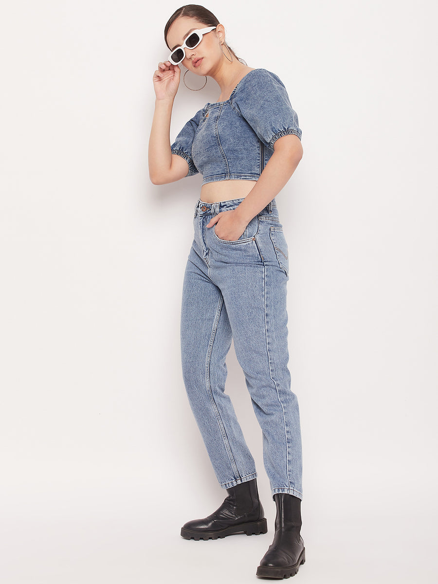 Madame Blue Denim Square  Neck Puffed Sleeves Crop Top