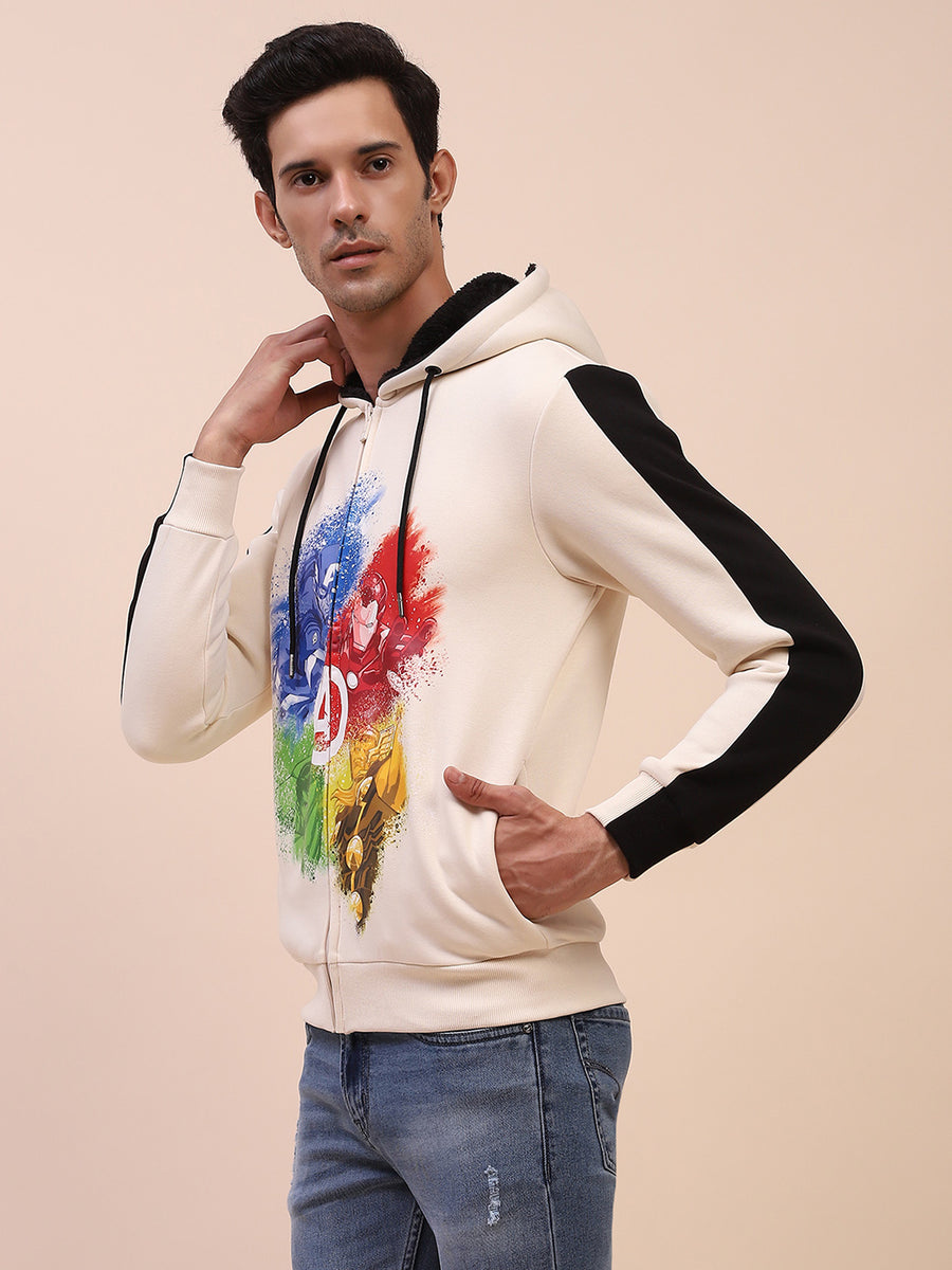 Camla Barcelona Avengers Graphic Printed Zipped Off White Sweatshirt