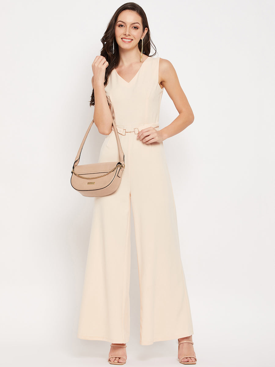 Camla Barcelona Cream Gold Chain Detailed V Neck Jumpsuit