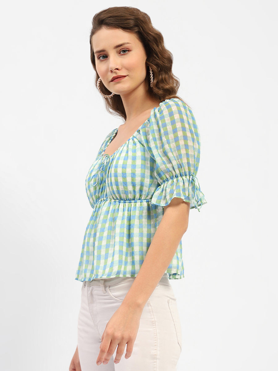 Madame Chequered Blue Off-Shoulder Top