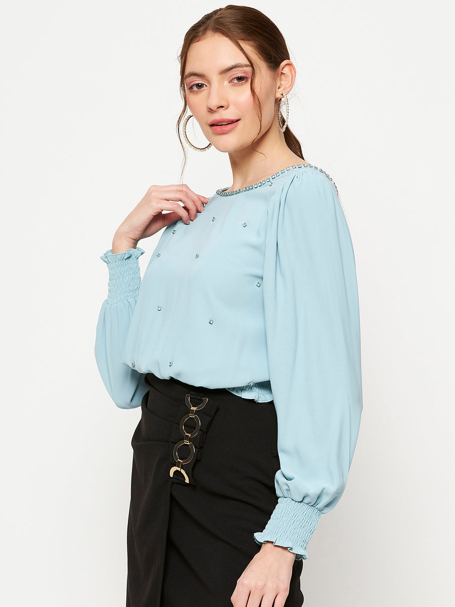 Camla Turquoise Embellished  Top For Women
