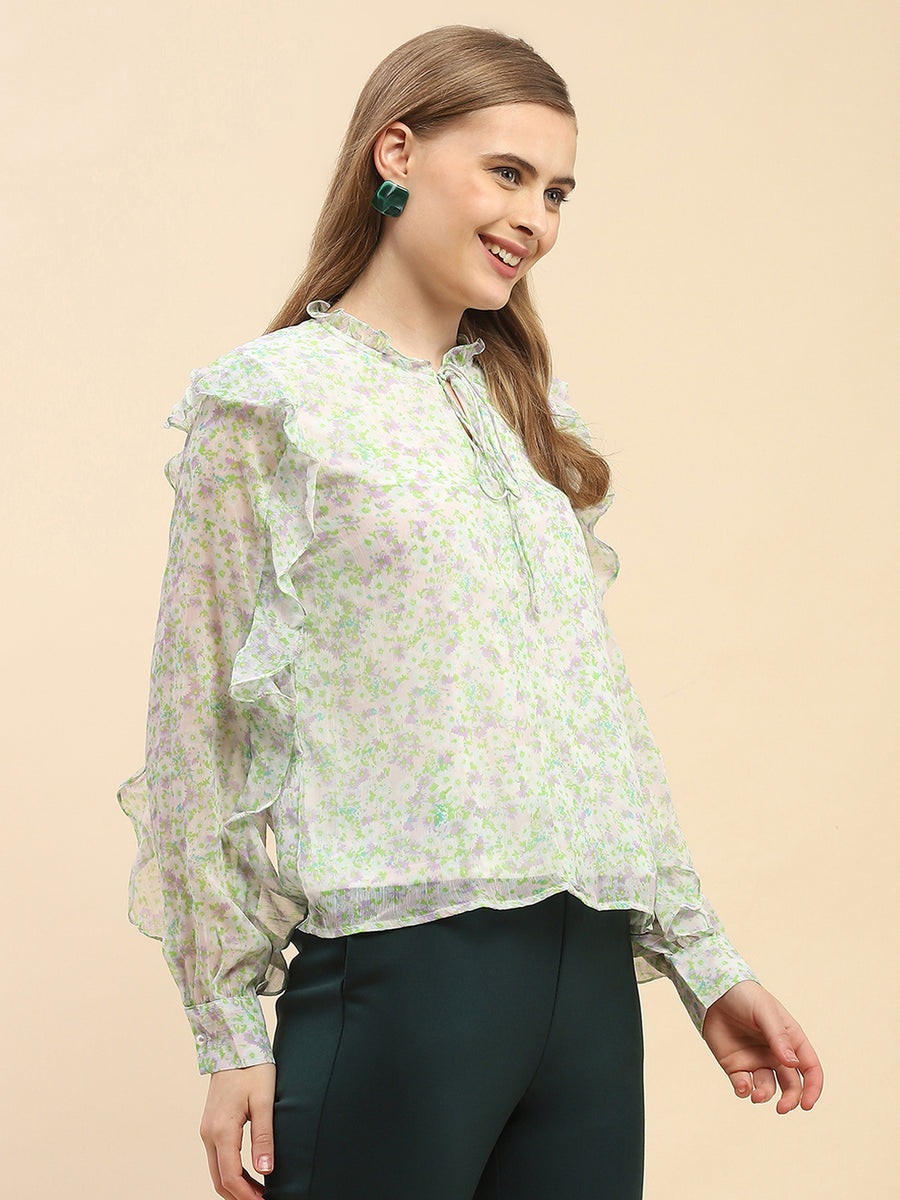 Camla Barcelona Ruffle Detailed White Floral Top