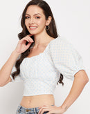 Camla Barcelona White Square Neckline Puffed Sleeves Crop Top