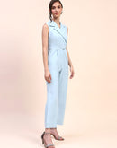 Camla Barcelona Notch Lapel Gurkha Belted Sky Blue Jumpsuit