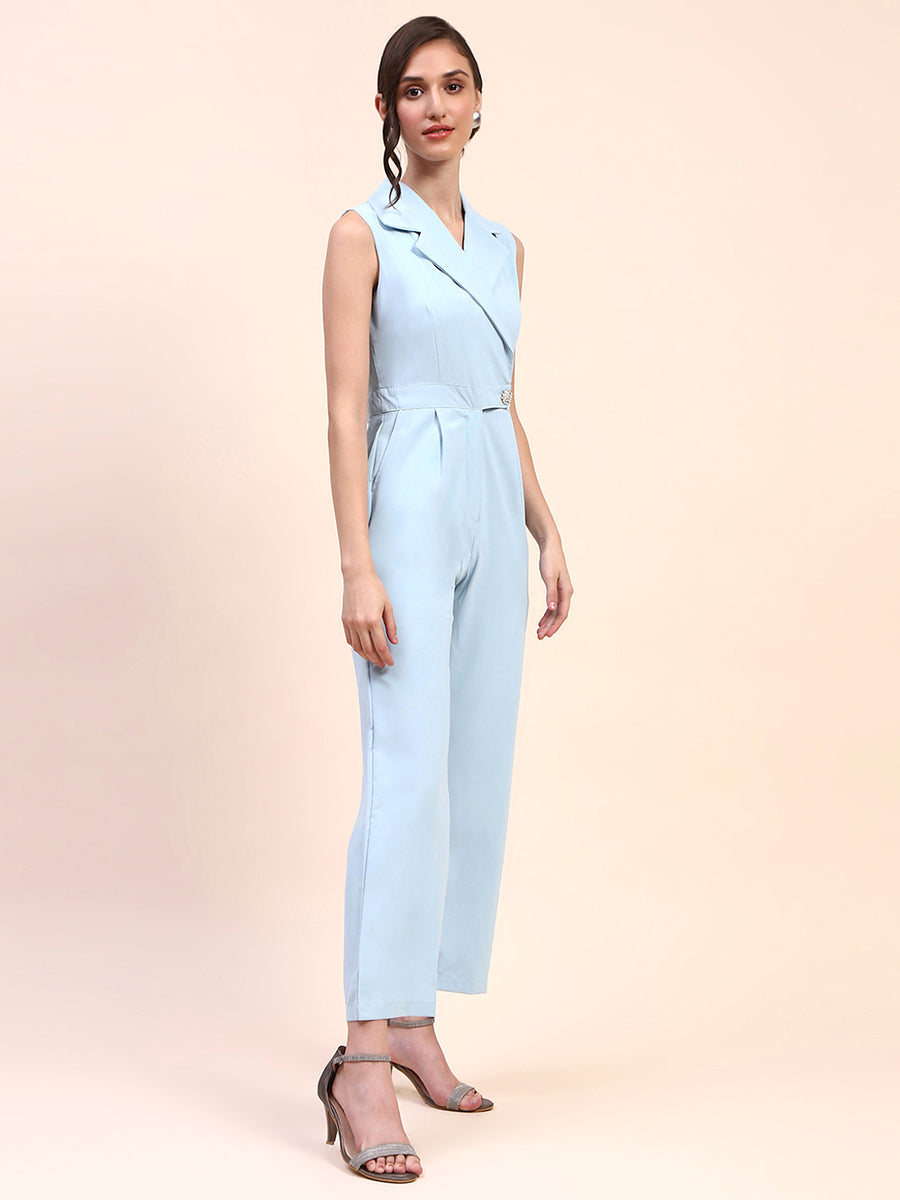 Camla Barcelona Notch Lapel Gurkha Belted Sky Blue Jumpsuit