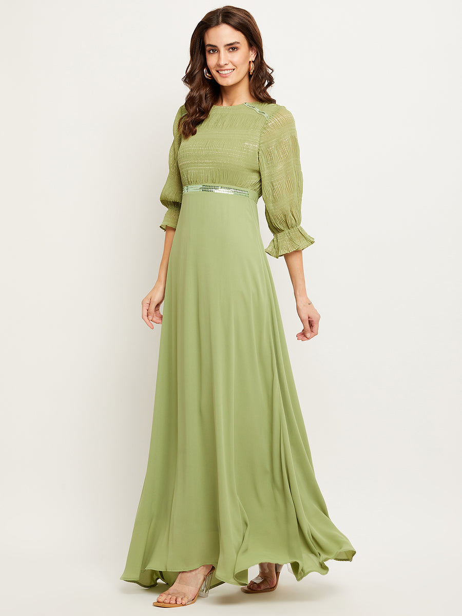 Madame Green Embellished Puff Sleeve Fit-Flare Dress