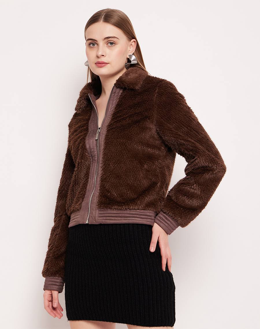 Camla Barcelona Feather Knit Fleece Brown Jacket