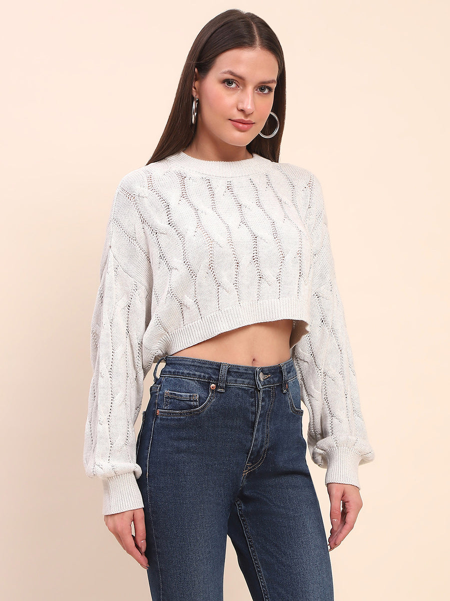 Camla Barcelona Cable Knit Light Grey Cotton Crop Sweater