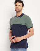 Camla Barcelona Navy Blue And Green Colourblocked Polo Neck T-Shirt