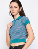 Camla Barcelona Teal Striped Collared Crop  Tshirt