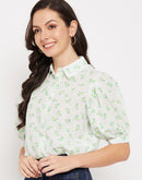 Camla Barcelona White Floral Puffed  Sleeves Printed Shirt