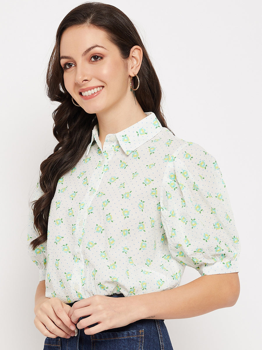Camla Barcelona White Floral Puffed  Sleeves Printed Shirt