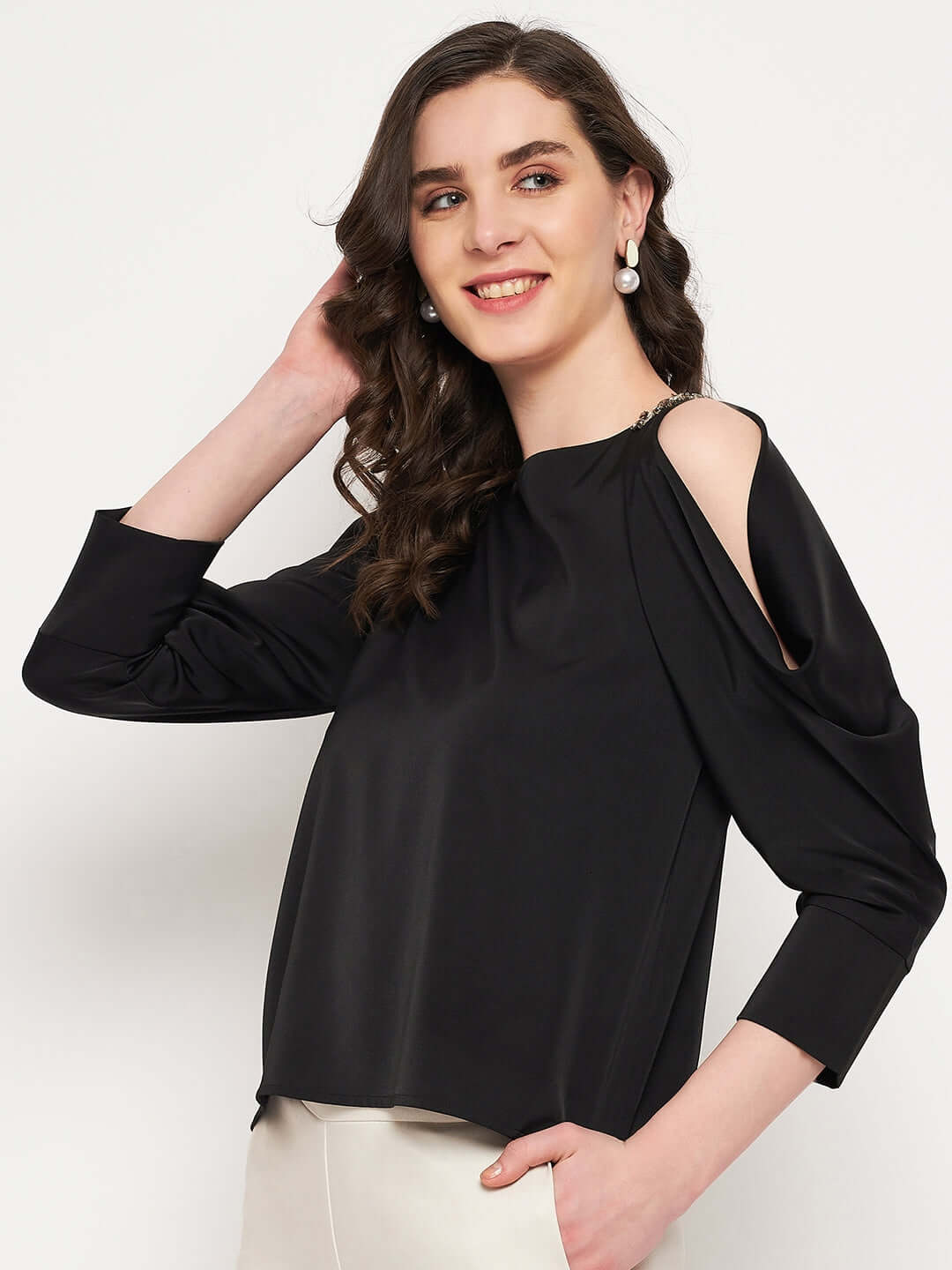Camla Barcelona Women’S Black Cold Shoulder Cowl Sleeves