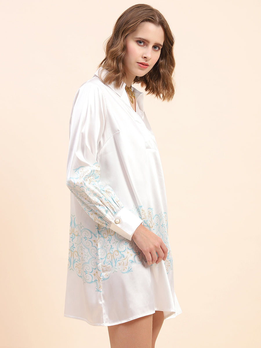 Camla Barcelona Printed Hem & Sleeve Off-White Dress