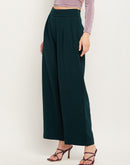 Camla Barcelona Pleated Wide Leg Bottle Green Trousers For Women