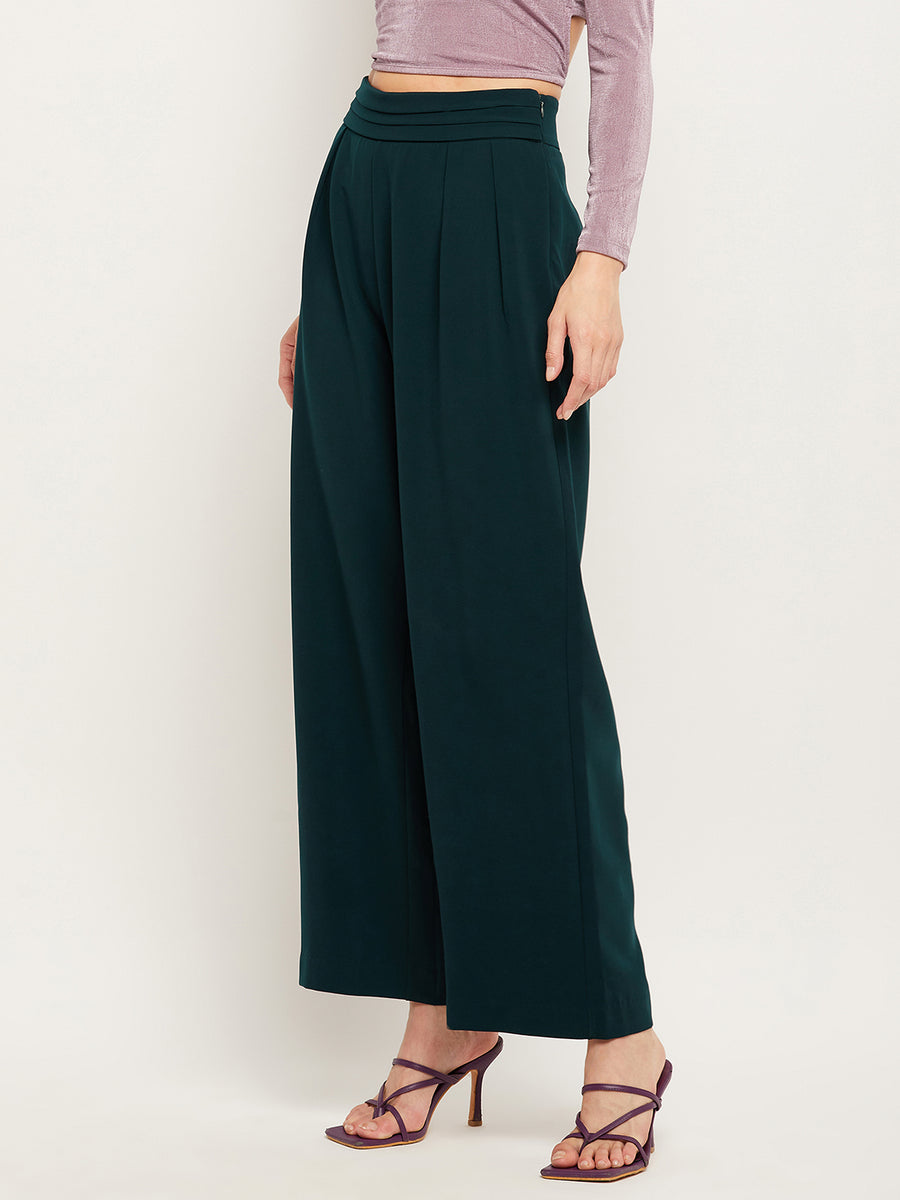 Camla Barcelona Pleated Wide Leg Bottle Green Trousers For Women