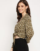 Madame Animal Print Olive Green Knotted Crop Top