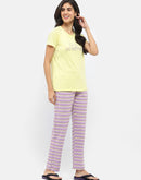Msecret Typography T-shirt with Striped Pajama Lime Green Night Suit