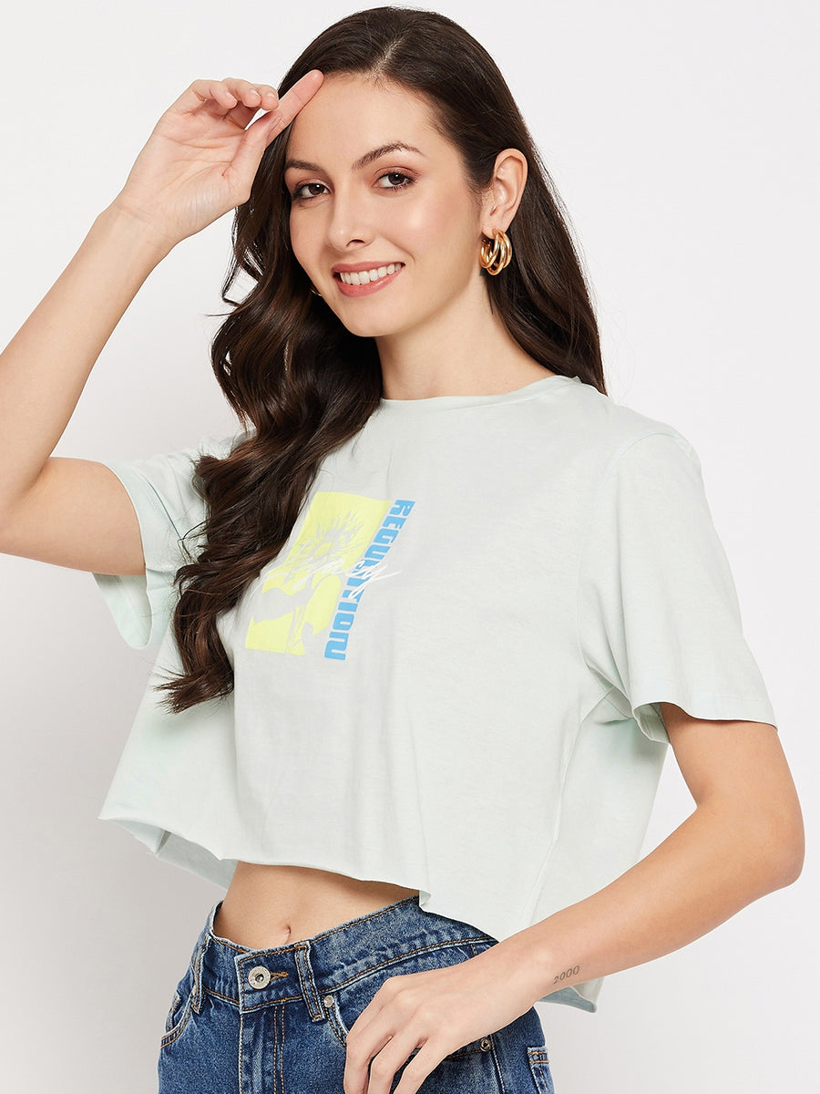 Camla Barcelona Mint Printed  Cotton Crop Tshirt