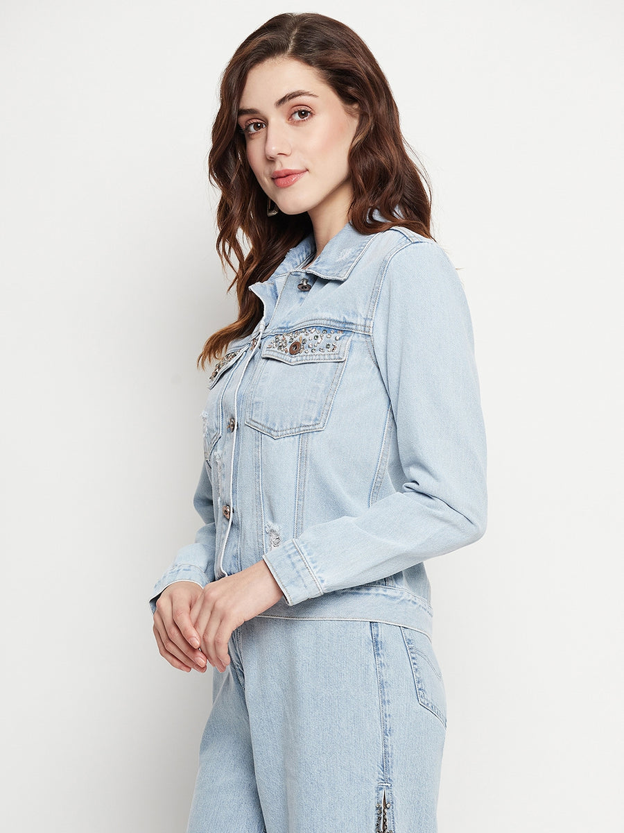 Camla Barcelona Solid Ice Blue Denim Jacket