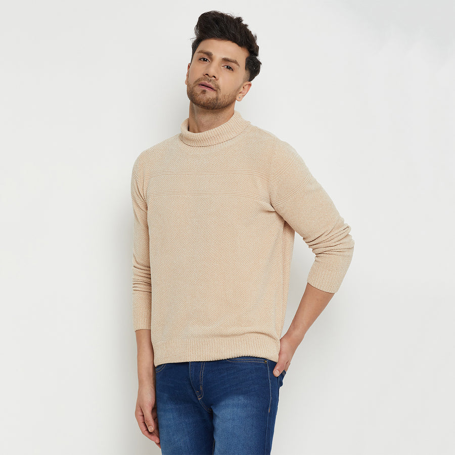 Camla Barcelona Solid Beige Turtleneck Sweater For Men
