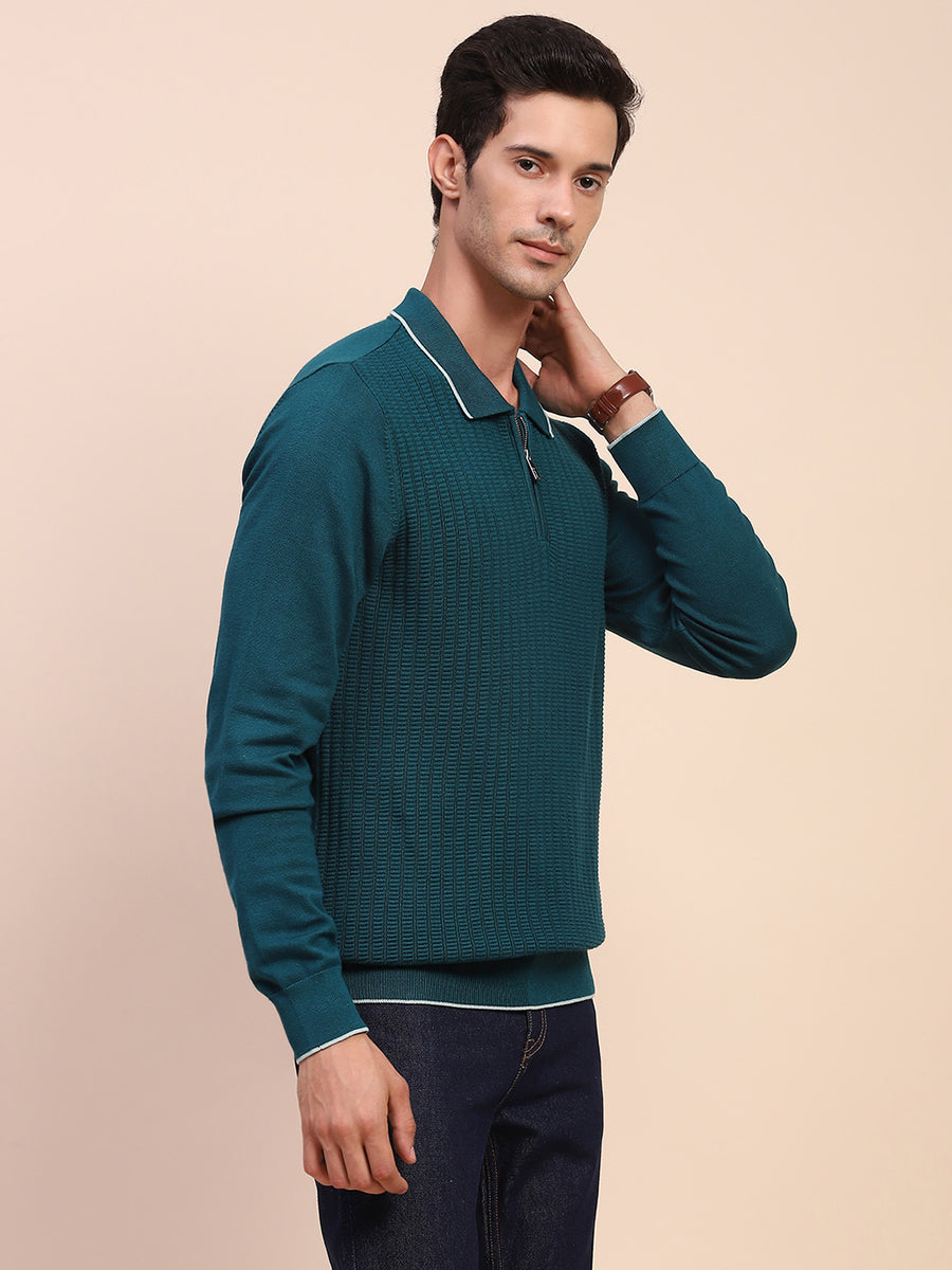 Camla Barcelona Polo Neck Teal Half Zip Cotton Knitted T-Shirt