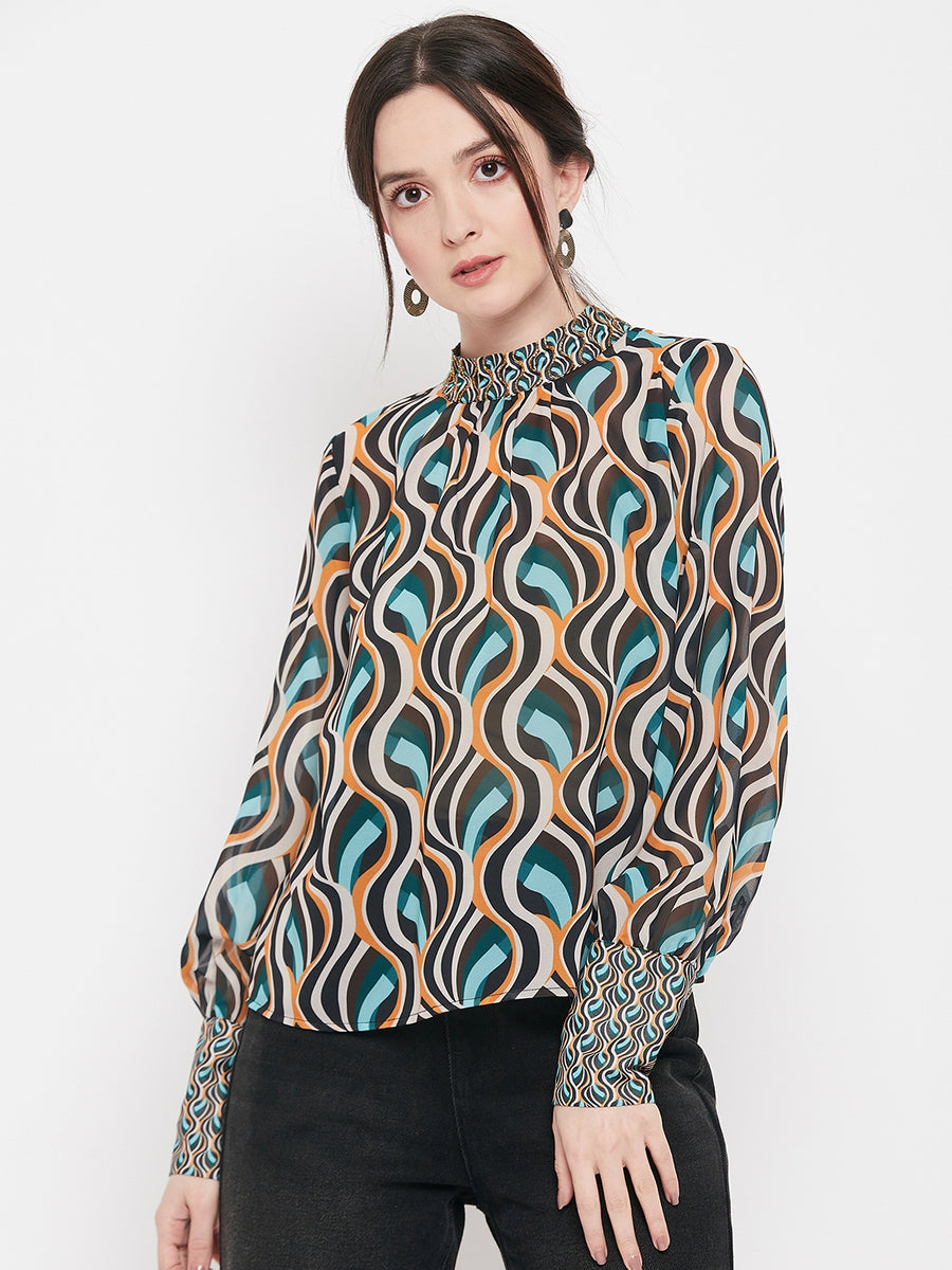 Camla Barcelona Women’S High-Neck Pleated Green Top