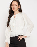 Camla Barcelona Necktie Ruffle Detail White Top