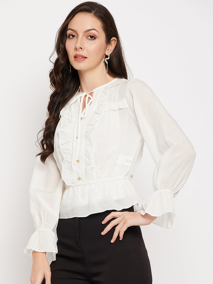 Camla Barcelona White Knot Detailed Bishop Sleeves Top