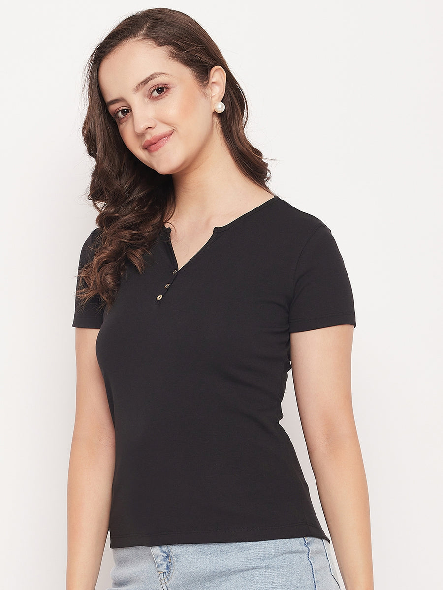 Madame Solid Black Deep V Neck  Fitted Cotton Tshirt