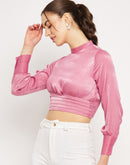 Camla Barcelona Peasent Sleeve Pink Cinched Waist Crop Top