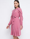Madame Ruffle Detail Onion Pink Belted Waist Dress