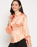 Camla Barcelona Yellow Check Printed Smocked Satin Shirt