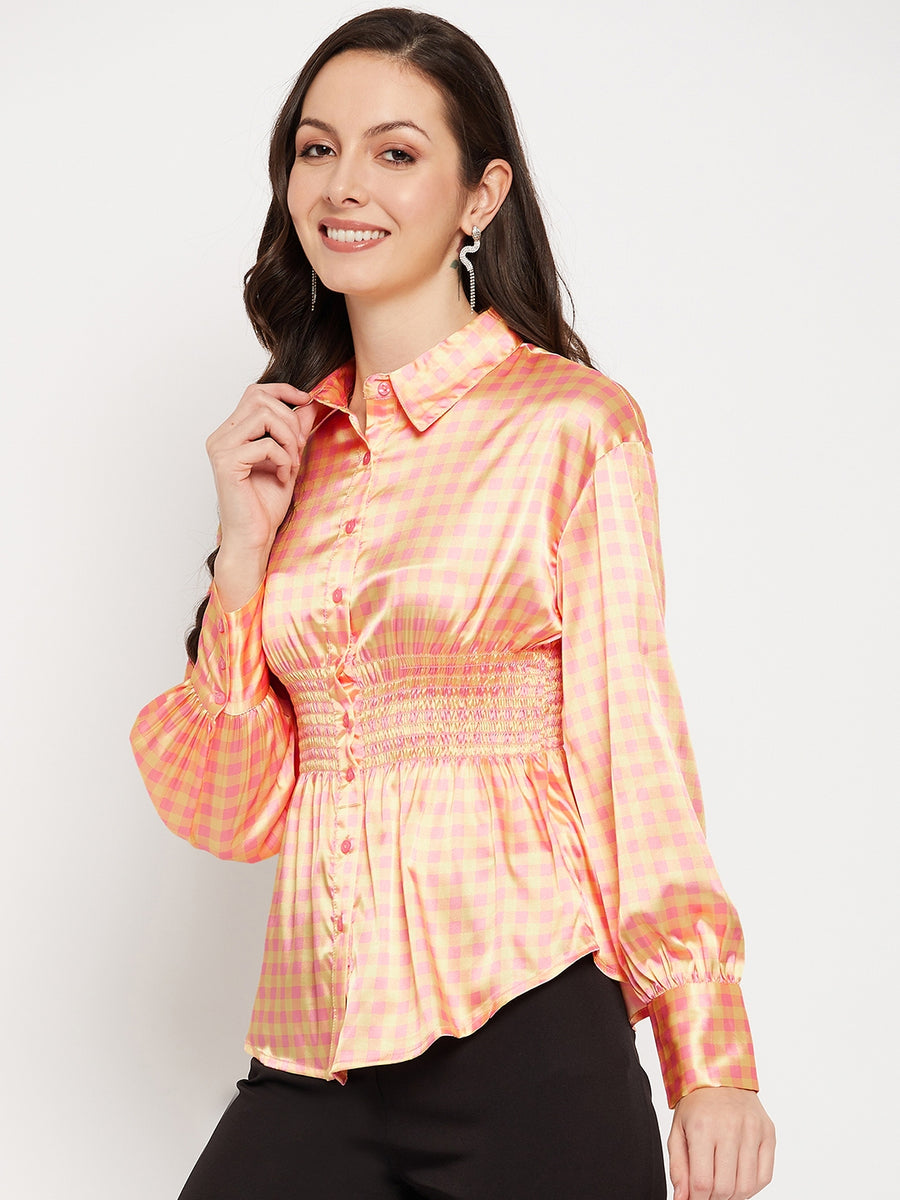 Camla Barcelona Yellow Check Printed Smocked Satin Shirt