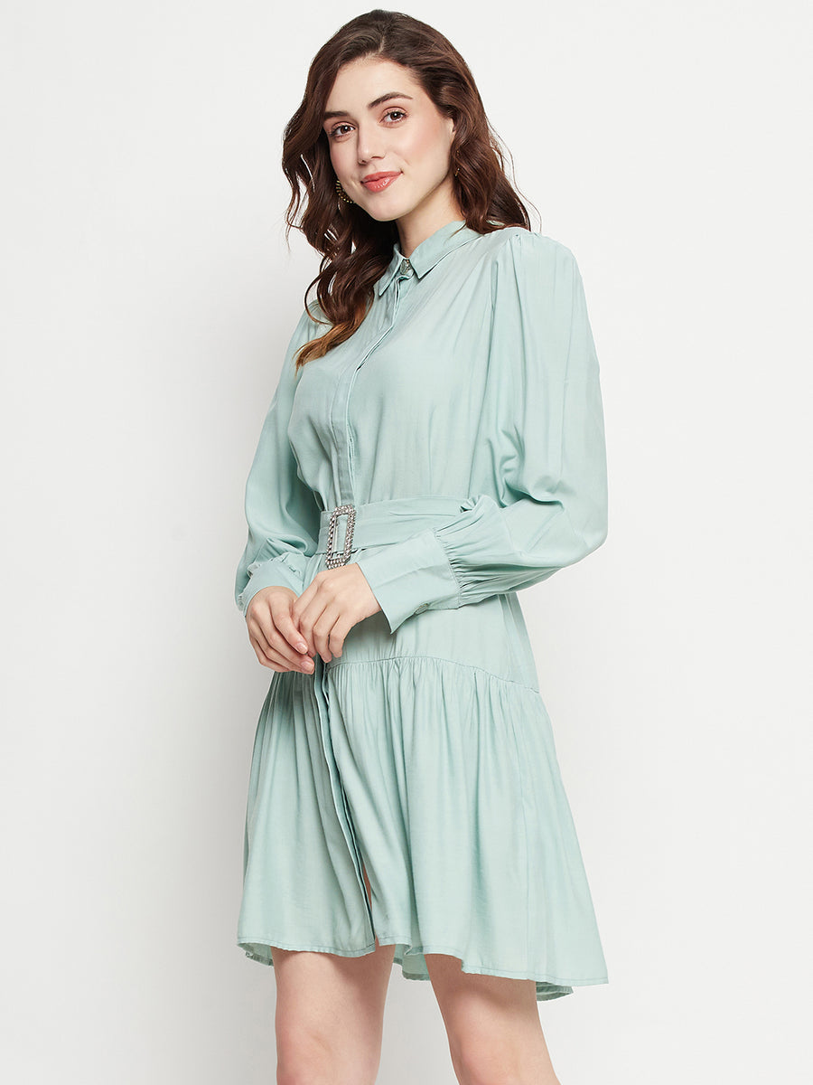 Camla Barcelona Belted Pista Green Mini Shirt Dress