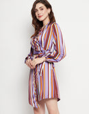 Camla Barcelona Striped Waist Belted Purple Wrap Dress