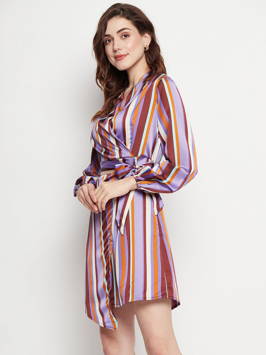 Camla Barcelona Striped Waist Belted Purple Wrap Dress