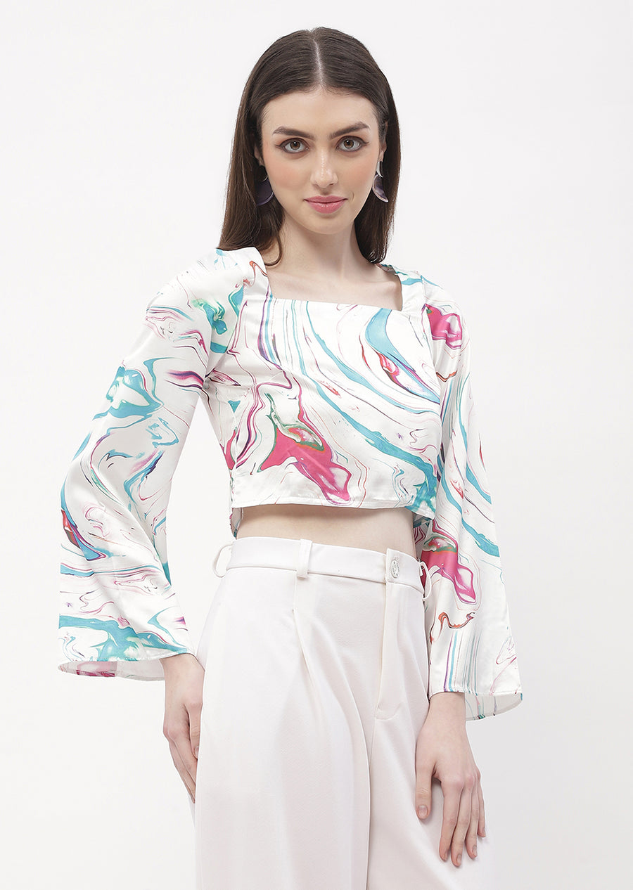Madame Abstract Print Off-White Bell Sleeve Crop Top