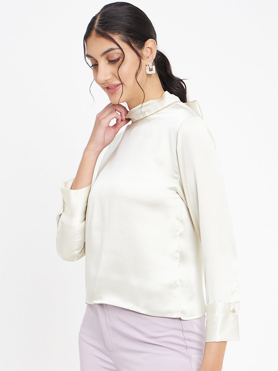 Madame White Solid High Neck Top
