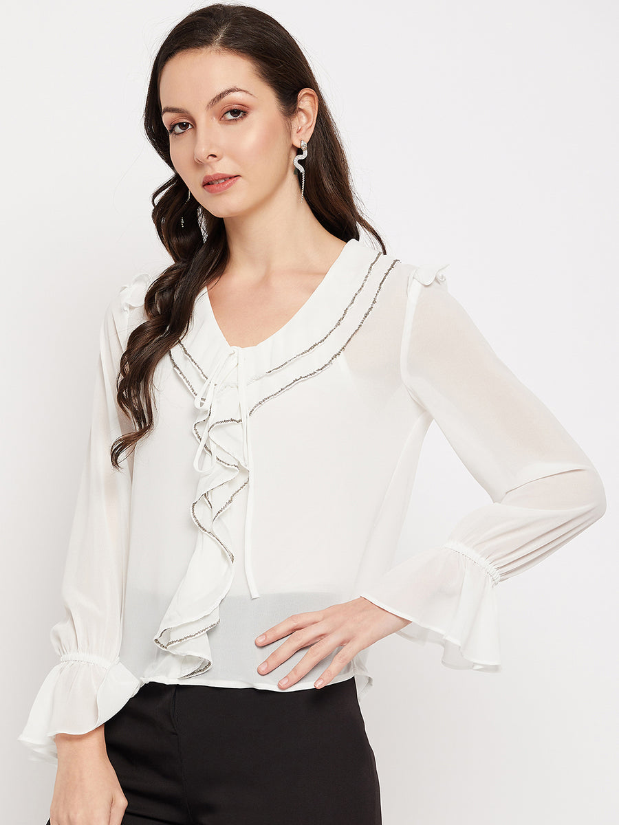 Camla Barcelona White Ruffled Embellished Bell Sleeves Top