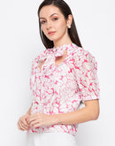 Camla Barcelona Bow Tie Floral Print Puffed Sleeves Top